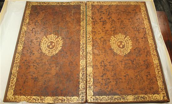 A French gilt tooled and brown leather double folding desk blotter, W.1ft 8in.